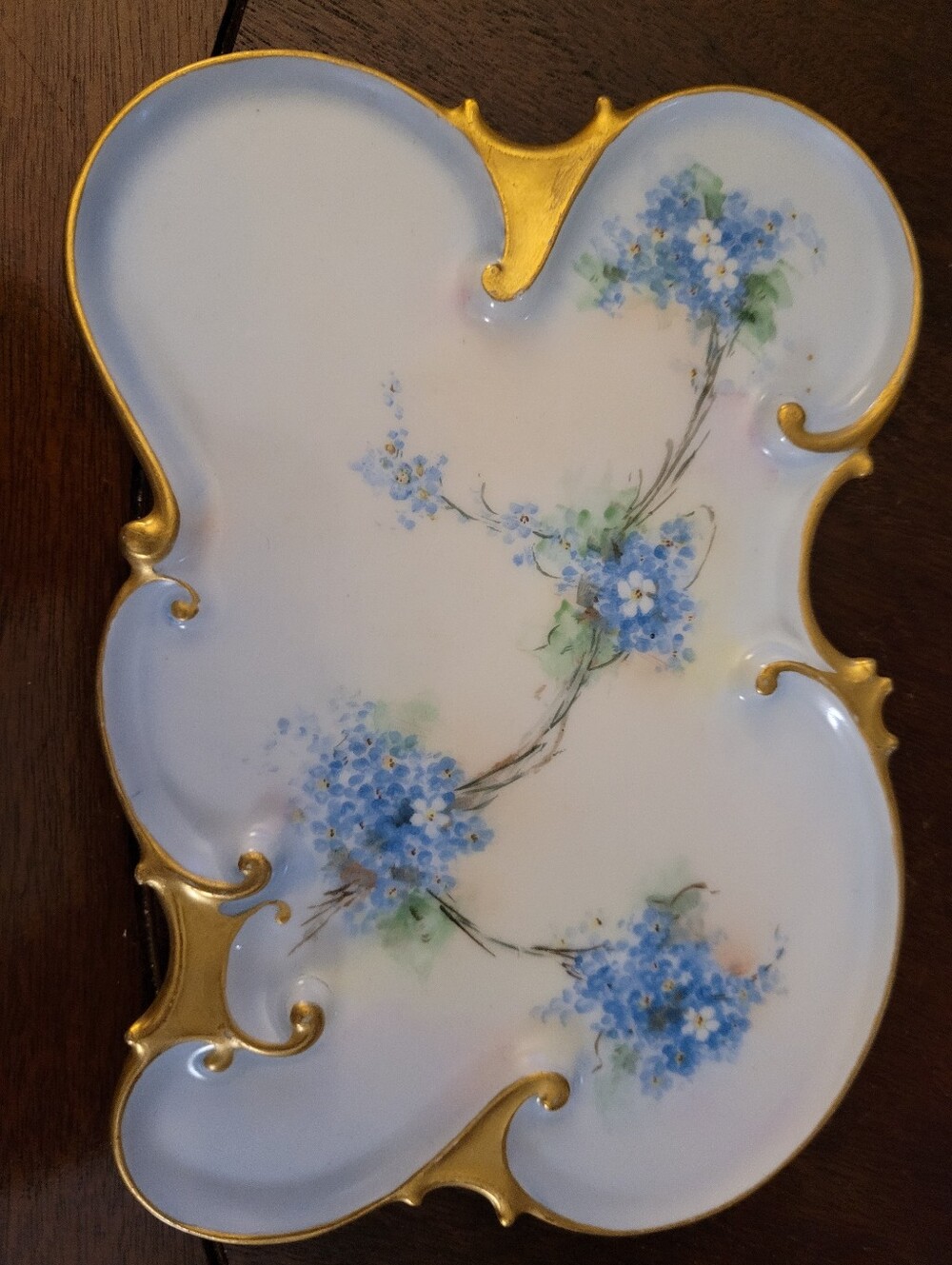 Antique French Limoges porcelain vanity tray with hand-painted blue forgetmenot